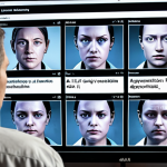 **Ethical AI Surveillance:** A concerned person looking at screens displaying various AI applications (facial recognition, news feeds), highlighting the need for ethical oversight and monitoring.
