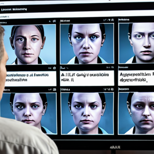 Home 6 **Ethical AI Surveillance:** A concerned person looking at screens displaying various AI applications (facial recognition, news feeds), highlighting the need for ethical oversight and monitoring.