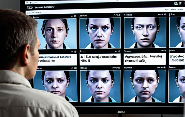 **Ethical AI Surveillance:** A concerned person looking at screens displaying various AI applications (facial recognition, news feeds), highlighting the need for ethical oversight and monitoring.