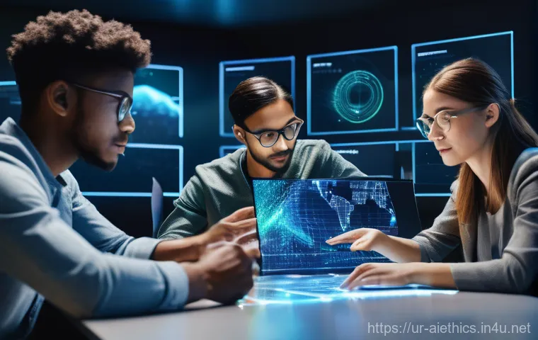 AI 윤리와 AI 윤리적 AI 활용 사례 - **Prompt:** A diverse group of young adults, dressed in casual, modern clothing suitable for a tech ...