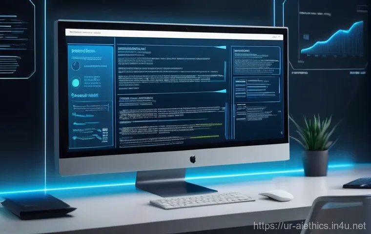 AI 윤리와 AI 채용 시스템 - AI-Powered Resume Analysis:**
"A close-up, high-tech shot of a sleek, minimalist computer monitor di...