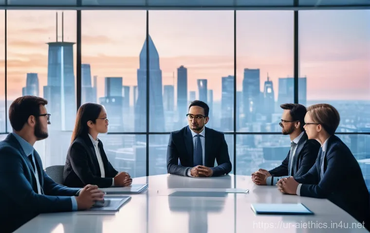 AI 윤리와 AI 윤리 학회 - **Prompt 1: AI Ethics Discussion with a Diverse Group**
"A diverse group of professionals from v...