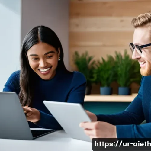 AI 윤리와 기술 발전 - **Prompt:** A cheerful, diverse group of three young adults – two women and one man, all dressed in ...