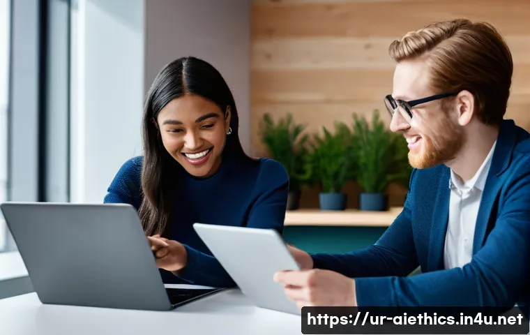 AI 윤리와 기술 발전 - **Prompt:** A cheerful, diverse group of three young adults – two women and one man, all dressed in ...